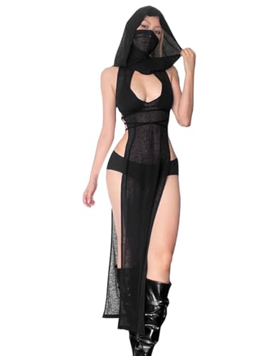 Damen High Split Hooded Rave Outfits Goth Devil Cosplay Kostüm Sheer Transparent Dessous Kleid (Schwarz, Small) von Oludkeph