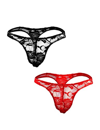 Oludkeph 2 Spitze Herren Strings Mesh G String Herren Tanga mit Niedriger Taille Bikini Höschen für Männer Bikini Slip Unterwäsche (Schwarz Rot) von Oludkeph