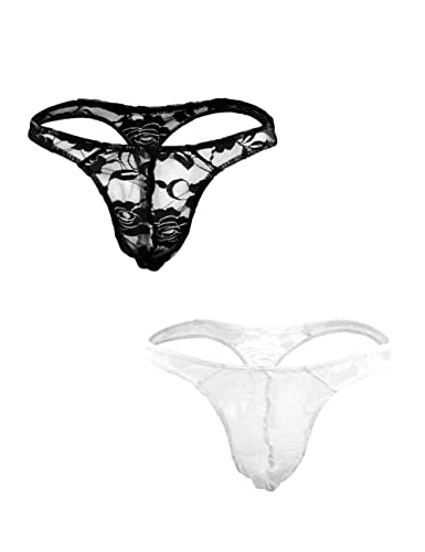 Oludkeph 2 Spitze Herren Strings Mesh G String Herren Tanga mit Niedriger Taille Bikini Höschen für Männer Bikini Slip Unterwäsche (Schwarz Weiß) von Oludkeph