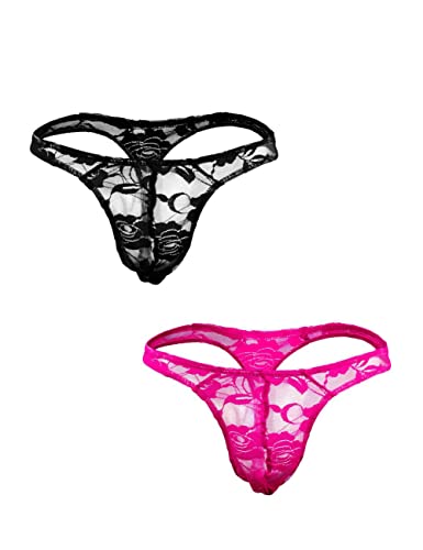 Oludkeph 2 Spitze Herren Strings Mesh G String Herren Tanga mit Niedriger Taille Bikini Höschen für Männer Bikini Slip Unterwäsche (Schwarze Rose) von Oludkeph