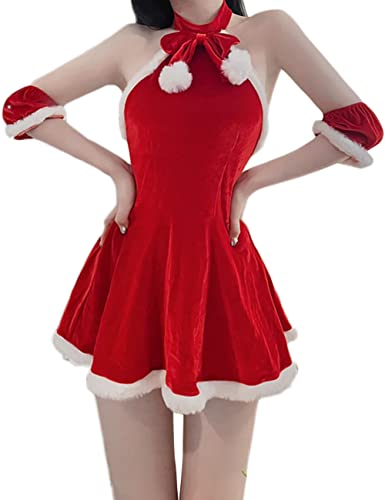 Oludkeph Damen Kostüm Frau Claus Santa Weihnachten Nachtwäsche Babydoll Sexy Lady Cosplay Halter Backless Mini Kleid (Rot) von Oludkeph