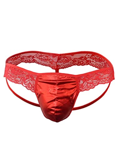 Oludkeph Herren Pouch Lace Rüschen Sissy Tanga Höschen Bikinihose T-Back Tangas G-String Unterwäsche (One Size, Rot) von Oludkeph