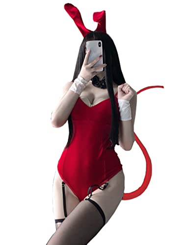 Oludkeph Sexy Bodysuit Kostüm Frauen Dessous Set Bunny Girl Cosplay Kostüm JK Party mit Strumpfbändern (One Size, Rot) von Oludkeph