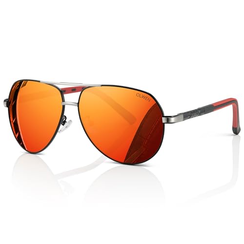 Olwen XXL Pilotenbrille für große Köpfe (polarisiert), extra groß, hoch, XL + Gratis Hartschalenetui, Orangefarbener Spiegel, 67-mm-Gläser von Olwen