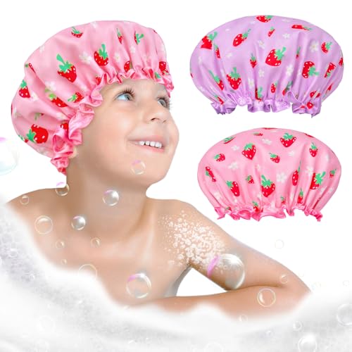 2 Pcs Duschhaube Kinder Elastische Band Doppelte Schichten Wasserdicht Duschhaube Damen Badehaube Damen Dusche Kappe Mit Gerafften Rand Bedecken Ohren Für Lange Kurze Lockiges Haar von OlyPegic