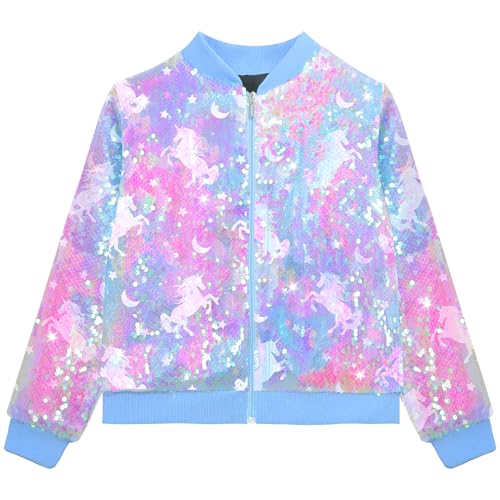OlyPegic Mädchen-Bomberjacke mit Pailletten, mit Taschen, glitzernde Oberbekleidung, Reißverschluss, langärmelig, Geburtstagsjacken, Regenbogen-Einhorn OlyPegic Mädchen-Bomberjacke mit Pailletten, mit Taschen, glitzernde Oberbekleidung, Reißverschluss, langärmelig, Geburtstagsjacken, Regenbogen-Einhorn von OlyPegic