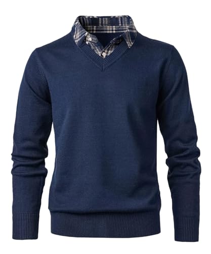 OlyljpinZ Herren 2 in 1 Hemd Kragen Pullover Langarm Feinstrick Casual Business Strickpullover Slim Fit Männer Winterpullover Fleece gefüttert Warm Strick Top Sweatshirt von OlyljpinZ