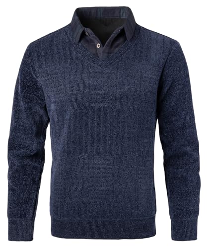 OlyljpinZ Herren 2 in 1 Hemd Kragen Pullover Slim Fit V-Ausschnitt Langarm Strick-Pullover Chenille Strickwaren Feinstrick Schlicht Casual Sweatshirt Strickjacke von OlyljpinZ