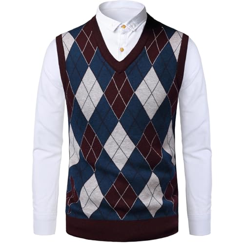 OlyljpinZ Herren Argyle V-Ausschnitt ärmellose Weste Wollmischung Strickwesten Herbst Winter Pullover Weste Klassische Business Strickwaren Pullover Slim Fit Gentleman Pullover Slipover Golf Tank Tops von OlyljpinZ