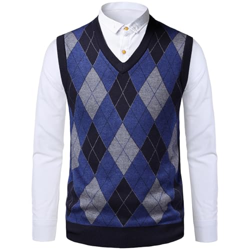 OlyljpinZ Herren Argyle V-Ausschnitt ärmellose Weste Wollmischung Strickwesten Herbst Winter Pullover Weste Klassische Business Strickwaren Pullover Slim Fit Gentleman Pullover Slipover Golf Tank Tops von OlyljpinZ