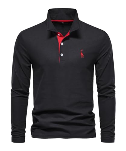 OlyljpinZ Herren Poloshirt Langarm Männer Polo T-Shirt Freizeit Atmungsaktiv Golf Tennis Sport Polo Klassisches Kontrastfarbe Ausschnitt Hemd Giraffe Stickerei Einfarbig Polohemd Langarmshirt von OlyljpinZ