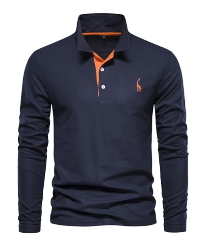 OlyljpinZ Herren Poloshirt Langarm Männer Polo T-Shirt Freizeit Atmungsaktiv Golf Tennis Sport Polo Klassisches Kontrastfarbe Ausschnitt Hemd Giraffe Stickerei Einfarbig Polohemd Langarmshirt von OlyljpinZ