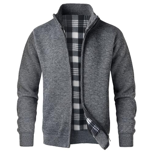 OlyljpinZ Herren Strickjacke Fleece-gefüttert Warm Dicker Strickpullover Stehkragen Reißverschluß Pullover Mode Schlichter Übergangsjacke Langarm Cardigan Herbst Winterjacke mit Taschen von OlyljpinZ