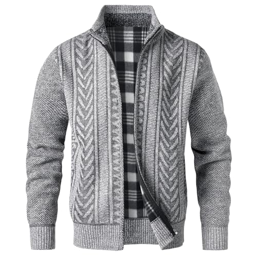 OlyljpinZ Herren Strickjacke Grobstrick Reißverschluss Trachtenjacke mit Stehkragen Weiches Plüschfutter Warm Sweatjacke Zopfmuster Dicker Strickpullover Herren Wintermantel Fleecejacke Langarm von OlyljpinZ