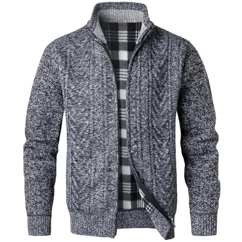OlyljpinZ Herren Strickjacke Grobstrick Reißverschluss Trachtenjacke mit Stehkragen Weiches Plüschfutter Warm Sweatjacke Zopfmuster Dicker Strickpullover Herren Wintermantel Fleecejacke Langarm von OlyljpinZ