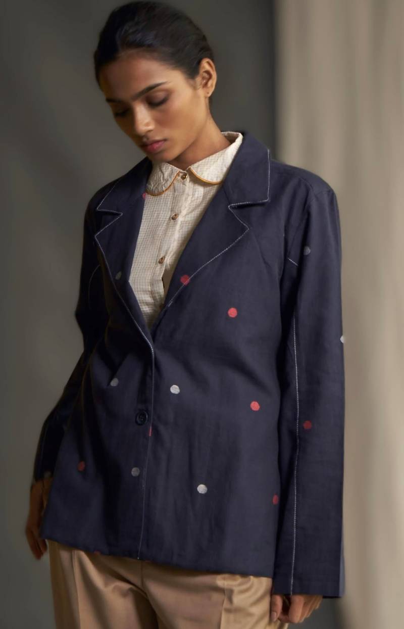 Handgewebter Baumwollmantel | Navy Polka Dot Blazer Für Damen Herbst Schichtung Mantel L Kragen & Revers Leichte Baumwolloberbekleidung Smart-Casual von OmbrePret