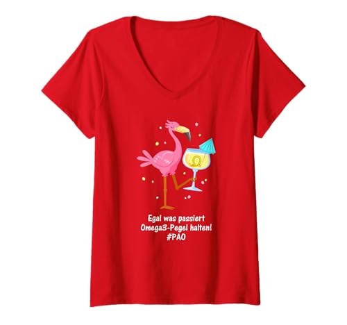 Damen Omega 3 - Flamingo - Egal was passiert Pegel halten T-Shirt mit V-Ausschnitt von Omega 3 Fun