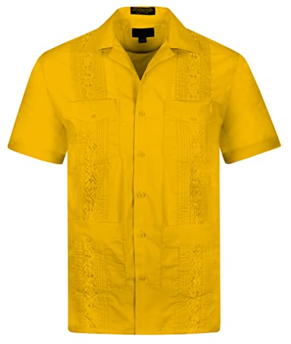 OmegaTux Omega Cuban Guayabera Kurzarm Hemd Hochzeit Zigarren Strand Bartender Casual - Gelb - M (38/39 cm) von OmegaTux