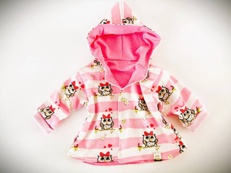 Gr. 62 68 Babyjacke Zum Wenden Mädchen Mantel Baby Zwergenmantel Zipfeljacke Wendejacke Jersey Gefüttert Eulen Rosa von OmennyS