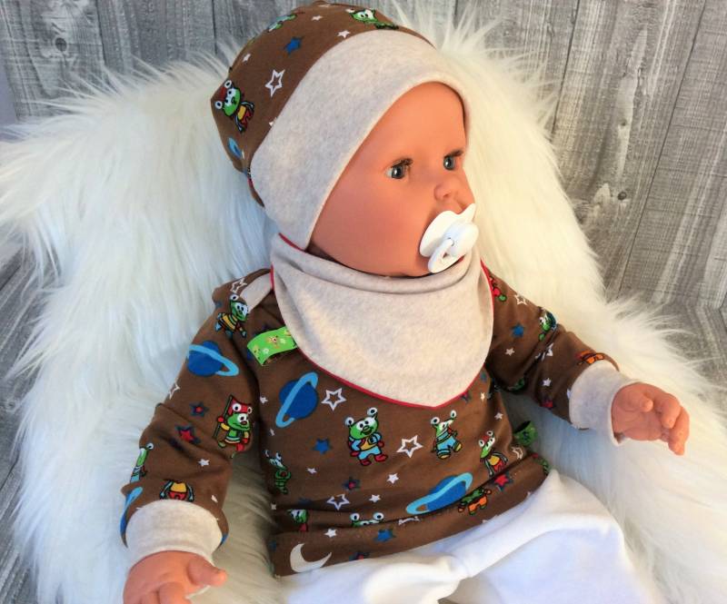 Gr. 68 Babykleidung 3 Teile Set Baby Shirt Mütze Halstuch Beanie Pullover Junge Marsmännchen Braun von OmennyS