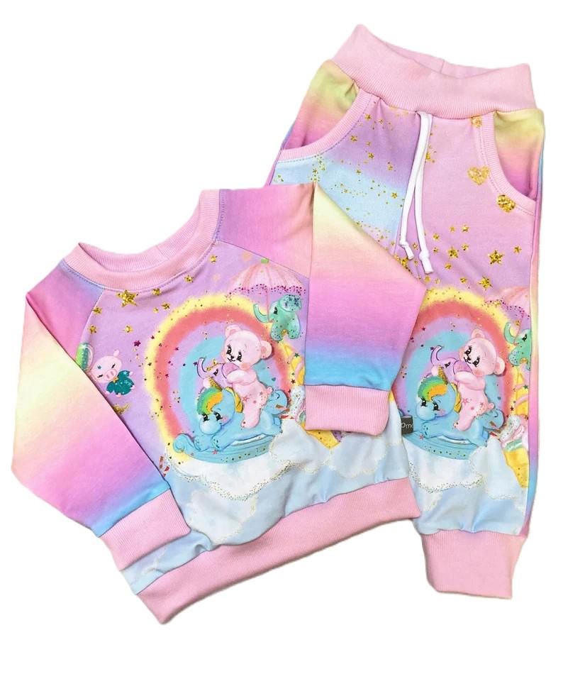 Gr. 74 /80 Set Kombination Jogginganzug Baby Jogginghose Pullover Shirt Hose, Pumphose, Babyhose, Mädchen Regenbogen Teddy Farbverlauf von OmennyS