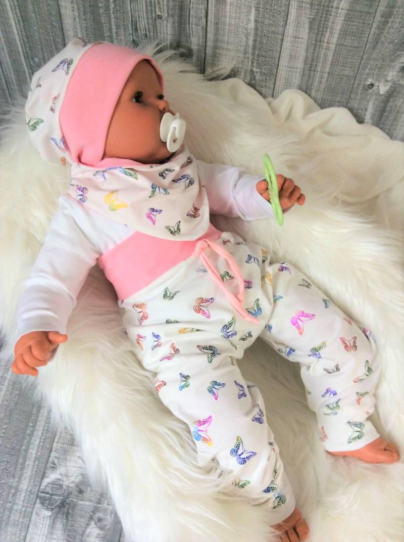 Gr. 74 Babyset 3 Tlg. Babyhose Pumphose Beanie Halstuch Schmetterlinge Hologramm Foliendruck Mädchen Weiß Rosa von OmennyS