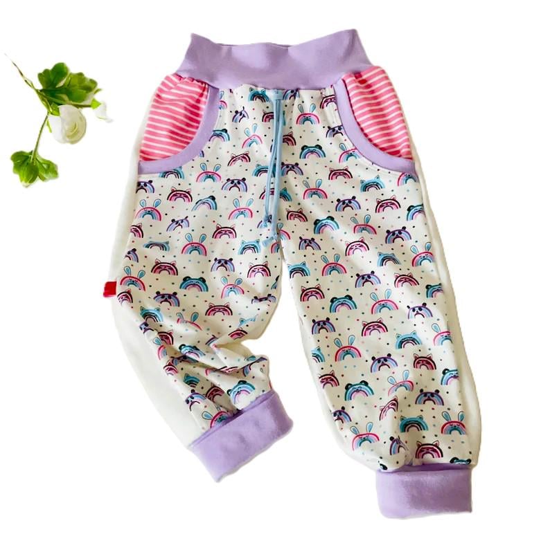 Gr. 80-86 Jogginghose Baby Hose, Pumphose Babyhose Cargohose Babykleidung, Kinderkleidung, Mädchen Fleece Weiß Regenbogen von OmennyS