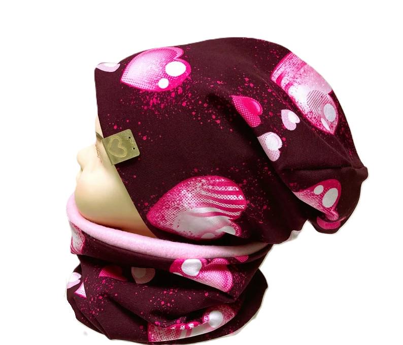 Ku 51 52 53 54 Set Mütze Loop Beanie Schal Schlauchschal Slouch Mädchen Jersey Feece Gefüttert Rosa Herzen Harts von OmennyS