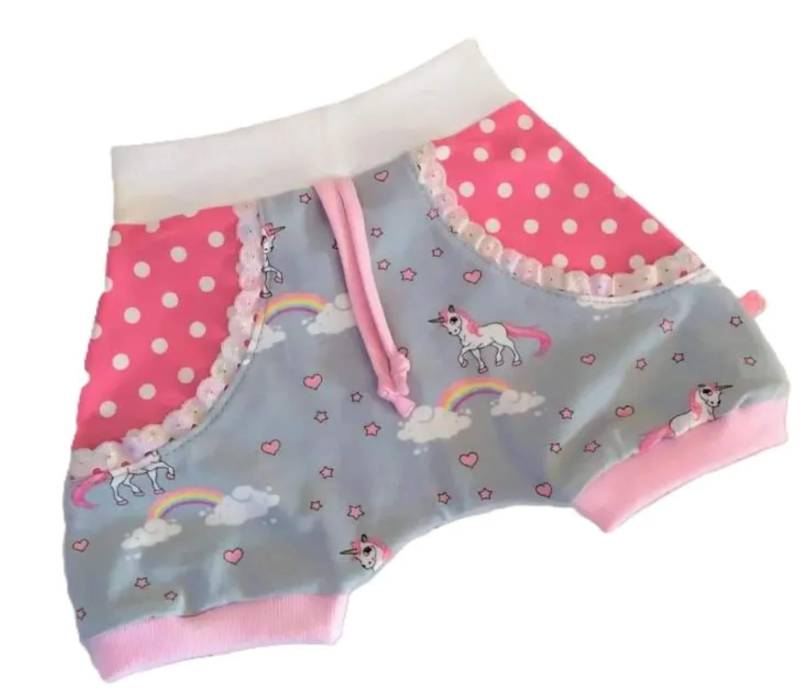 Mädchen Gr. 68 Kurze Babyhose Pumphose Pumpi Sommer Hose Einhorn Unicorn Grau Rosa von OmennyS