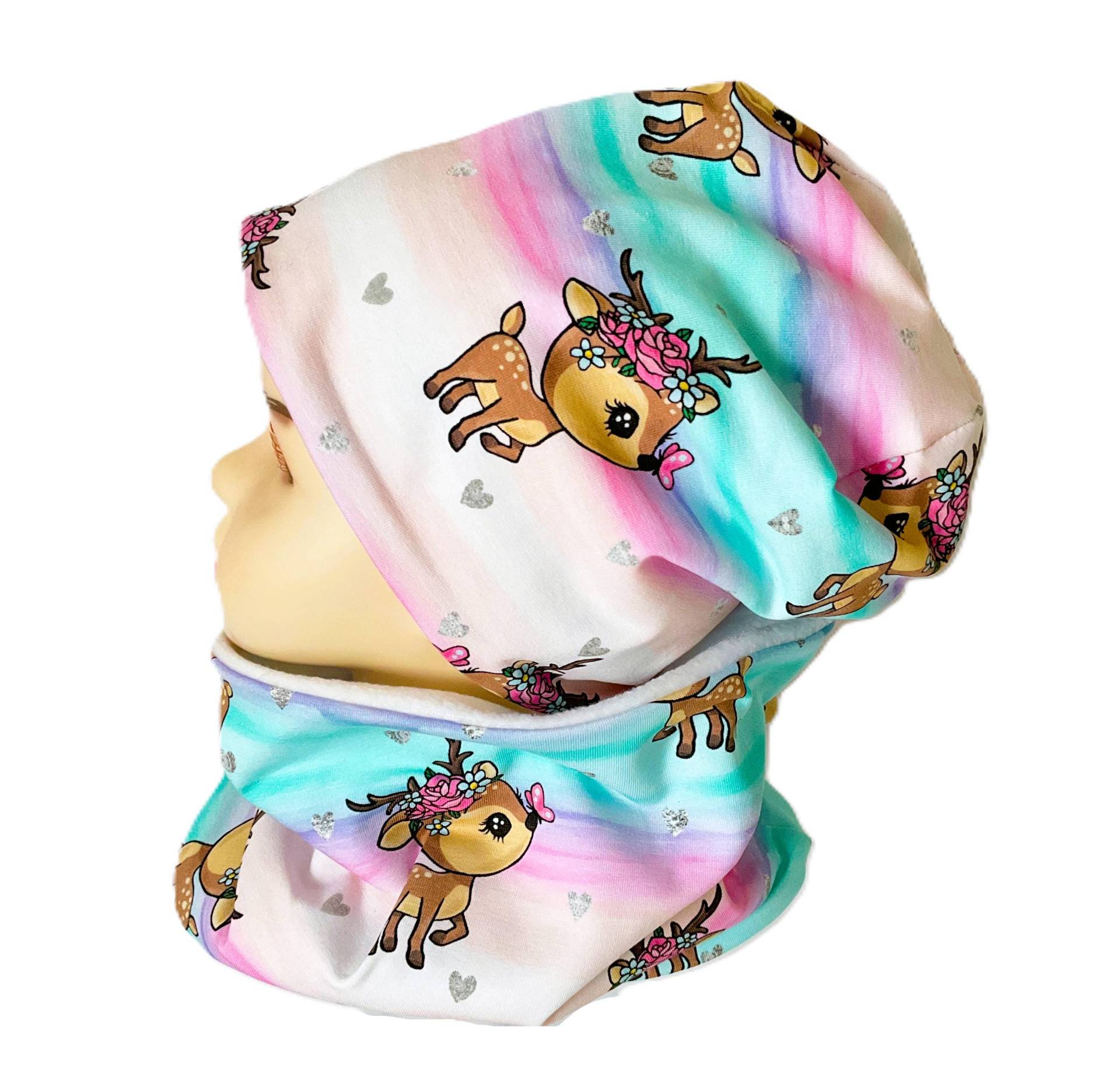 Set Beanie Loop Mädchen Ku 51 52 53 Schlauchschal Mütze Jersey Mit Fleece Gefüttert Warm Pastellfarben Regenbogenfarben Rehe Elche Winter von OmennyS