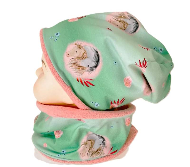Set Beanie Loop Mädchen Ku 52-54 Schlauchschal Mütze Jersey Mit Fleece Gefüttert Pferde Pony Grün Rosa Wintermütze Warm von OmennyS