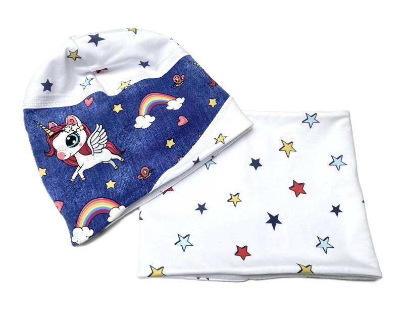 Set Ku 52 53 54 Beanie Loop Schlauchschal Kinder Mütze Schal Slouch Mädchen Unicorn Einhorn von OmennyS