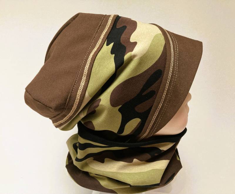 Set Mütze Loop Beanie Juneg Kinder Ku 52 53 54 Schlauch Slouch Camouflage Tarnmuster Junge Schwarz Braun Gefüttert Mit Jersey von OmennyS