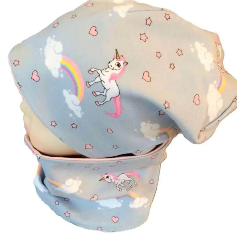 Set Mütze Loop Beanie Mädchen Ku 52 53 54 Slouch Schlauchschal Innen Mit Jersey Gefüttert Einhorn Unicorn Grau von OmennyS