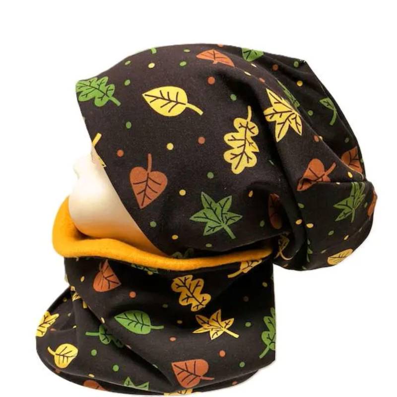 Set Mütze Loop Mädchen Beanie Schal Schlauchschal Slouch Ku 52 53 54 Junge Unisex Gefüttert Mit Fleece Blätter Laub Herbst Braun Senfgelb von OmennyS