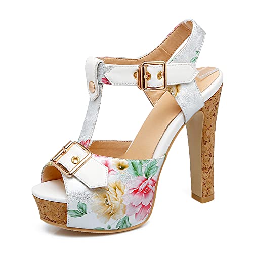 Damen 12CM/4.7IN Sandalen Plattform Gürtelschnallen Fischmaul Chunky High Heels Sandalen Mode Alltag Casual Arbeit Plus Size Sandalen,Weiß,45 EU von Omeslike