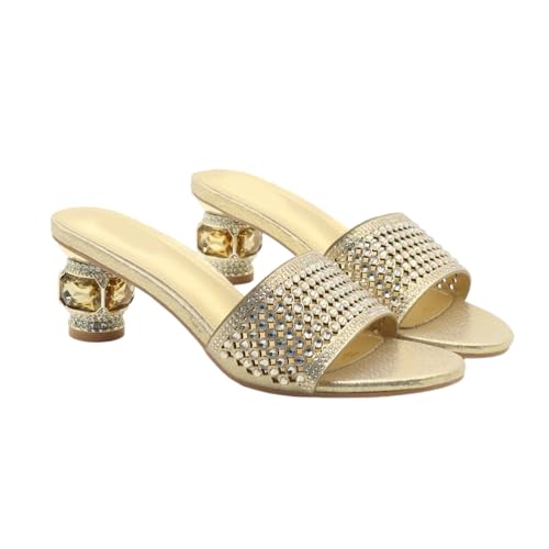 Damen 6 cm Sandalen mit niedrigem Absatz und runder Zehenpartie – Mode Strass verzierte Pantoletten für Hochzeitsfeiern, Reisen, lässiger Chic,Gold,37 EU Damen 6 cm Sandalen mit niedrigem Absatz und runder Zehenpartie – Mode Strass verzierte Pantoletten für Hochzeitsfeiern, Reisen, lässiger Chic,Gold,37 EU von Omeslike