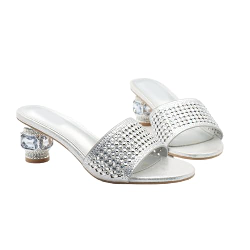 Damen 6 cm Sandalen mit niedrigem Absatz und runder Zehenpartie – Mode Strass verzierte Pantoletten für Hochzeitsfeiern, Reisen, lässiger Chic,Silber,37 EU Damen 6 cm Sandalen mit niedrigem Absatz und runder Zehenpartie – Mode Strass verzierte Pantoletten für Hochzeitsfeiern, Reisen, lässiger Chic,Silber,37 EU von Omeslike