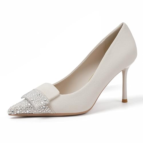 Damen 8cm Stiletto High Heels Spitze Spitze Abendkleid Pumps - Hochzeit & Party Schuhe, Bequeme Slip On Work Heels,Weiß,38 EU Damen 8cm Stiletto High Heels Spitze Spitze Abendkleid Pumps - Hochzeit & Party Schuhe, Bequeme Slip On Work Heels,Weiß,38 EU von Omeslike