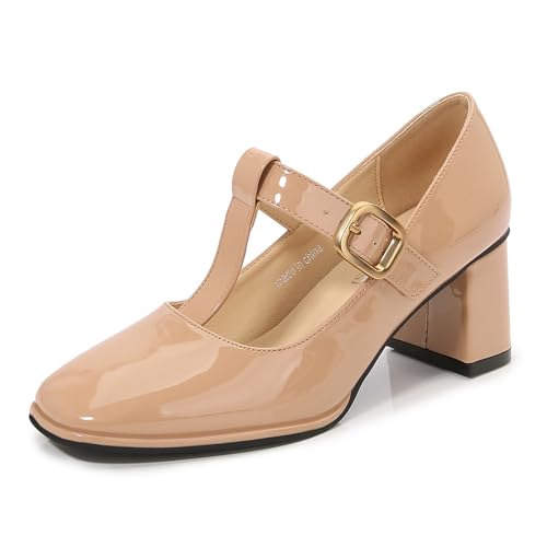 Damen-Mary-Jane-Pumps mit quadratischem Zehenbereich und klobigem Absatz, modische, Elegante Hochzeit, Braut, Abendkleid, Schuhe in Übergröße,Nude,45 von Omeslike