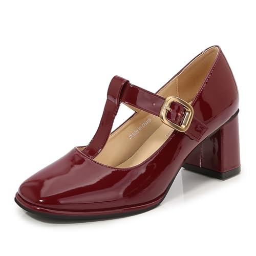 Omeslike Damen-Mary-Jane-Pumps mit quadratischem Zehenbereich und klobigem Absatz, modische, Elegante Hochzeit, Braut, Abendkleid, Schuhe in Übergröße,Rot,38 von Omeslike