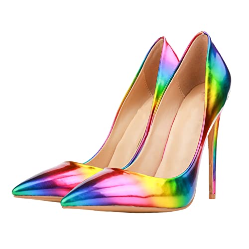 Frauen-Regenbogen-Gradienten-Spitze-Stiletto-Pumpen, 4,72 "Sky High Heel, Sexy Cinderella-Party-Hochzeits-Brautschuhe,Multi Colored,40 von Omeslike