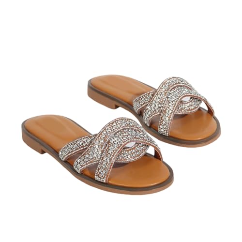 Glitzernde Flache Sandalen mit runder Zehenpartie für Damen – rutschfeste Strass-Pantoletten für Strand, Arbeit und Alltag | Atmungsaktive Strandsandalen,Braun,37 EU Glitzernde Flache Sandalen mit runder Zehenpartie für Damen – rutschfeste Strass-Pantoletten für Strand, Arbeit und Alltag | Atmungsaktive Strandsandalen,Braun,37 EU von Omeslike