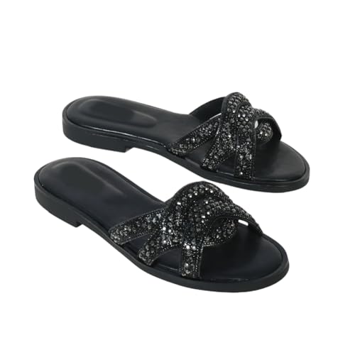 Glitzernde Flache Sandalen mit runder Zehenpartie für Damen – rutschfeste Strass-Pantoletten für Strand, Arbeit und Alltag | Atmungsaktive Strandsandalen,Schwarz,42 EU Glitzernde Flache Sandalen mit runder Zehenpartie für Damen – rutschfeste Strass-Pantoletten für Strand, Arbeit und Alltag | Atmungsaktive Strandsandalen,Schwarz,42 EU von Omeslike