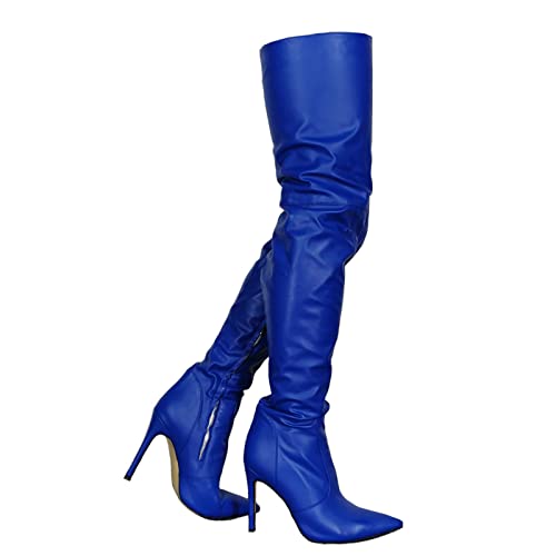 Mattblaue, oberschenkelhohe Stiefel aus PU-Leder für Damen, spitzer Zehenbereich, Reißverschluss, modisch, bequem, sexy Stiletto-High-Heel-Overknee-Stiefel,Blau,45 von Omeslike