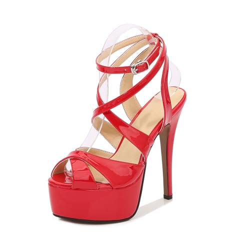 14CM/5.51IN Damen Exponierte Zehen Sandalen Plateau High Heels Schuhe Stiletto Heels Kleid High Heels Hochzeit Party Büro Pumps Schuhe Größen 35-46,Rot,39 EU von Omeslike
