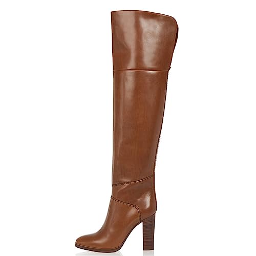 Omeslike Braune Overknee-Stiefel mit Blockabsatz für Damen, oberschenkelhohe Stiefel mit seitlichem Reißverschluss, bequeme hohe Reitstiefel für den Herbst und Winter,Braun,43 von Omeslike