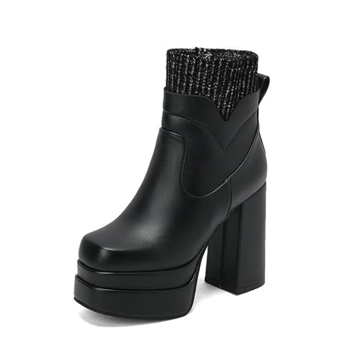 Omeslike Chelsea-Plateau-Stiefeletten für Damen – klobige Stiefeletten mit hohem Absatz, Partykleid-Stiefeletten für Damen, Halloween-Festival-Rave-Schuhe,Schwarz,34 von Omeslike