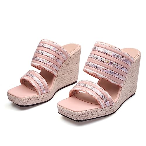 Omeslike Damen-Sandalen zum Hineinschlüpfen mit Keilabsatz und Plateau, quadratische Sommerpantoffeln mit offenem Zehenbereich, Mule-High-Heels in Übergröße,Rosa,46 von Omeslike