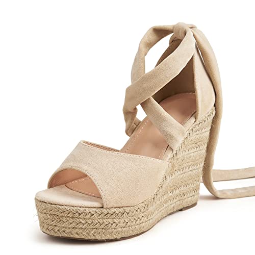 Omeslike Damen-Schnürsandalen mit Keilabsatz, Sandalen mit Plateauabsatz, lässige Sommer-Strandschuhe, Schuhe für Hochzeitsfeiern,Apricot,37 von Omeslike